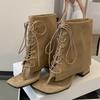 Street Style Fashion Vintage Square Clip Toe Women Ankle Boots Sandals Design Low Heels Cross Lace Up Shoes