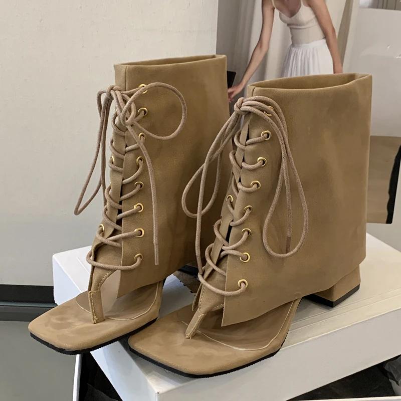Street Style Fashion Vintage Square Clip Toe Women Ankle Boots Sandals Design Low Heels Cross Lace Up Shoes