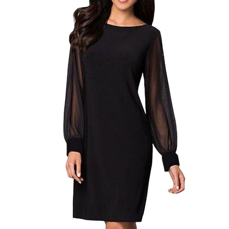 Fashion Spring & Fall New Arrival round Collar in Black Chiffon Patchwork Minimalist Elegant Commuter Long Sleeve Dress Mid-Length Dress for Women
