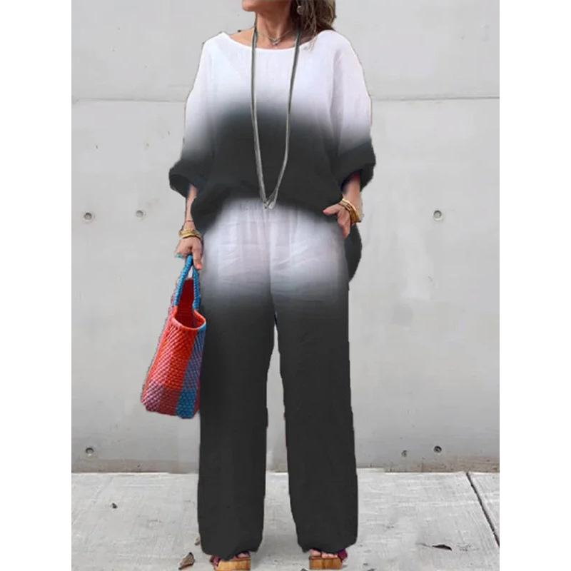 Damen Set Modisches Baumwoll- und Leinen-Verlaufs-Langarm-Rundhals-Oberteil und Gerade Hose Zweiteiler