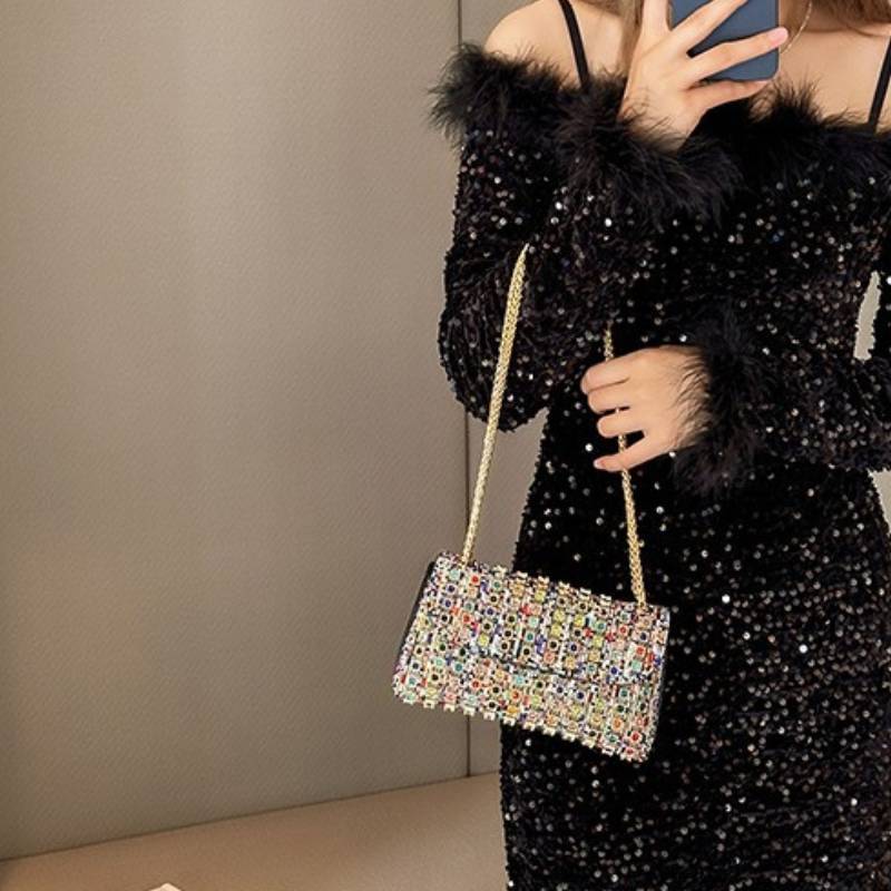 Classic Polyester Chain Shoulder Bag With Sparkling Water Drill For Casual Streetwear