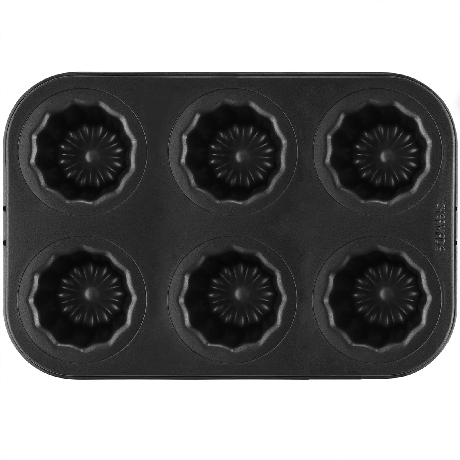 

CHEFMADE Canelé Molds, Set of 6, Non-Stick Cake Molds, Outer Dimensions: Approx. 26.7*18.1*5.1cm, Cups: 5.5*4.5cm (Black)