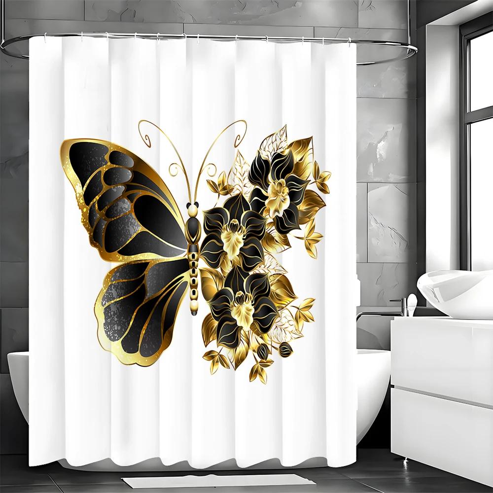 Black and Gold Creative Butterfly Shower Curtain, Bathroom Decorative Shower Curtain, Waterproof Shower Curtain with Hooks