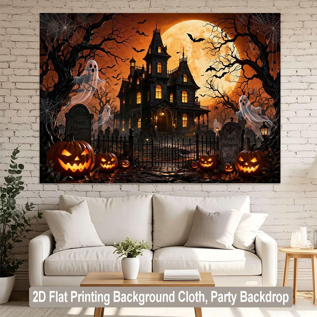 1 piece of 2D flat background fabric, a banner featuring a gathering of pumpkin ghosts on Halloween night, suitable for parties