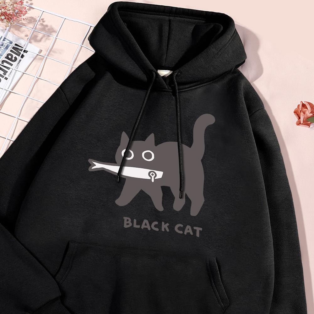 Fun A Black Cat Eating Fish Hoody Men Women Harajuku Fashion Sweatshirt Loose Oversized Streetwear Fleece Warm Couple Hoodies