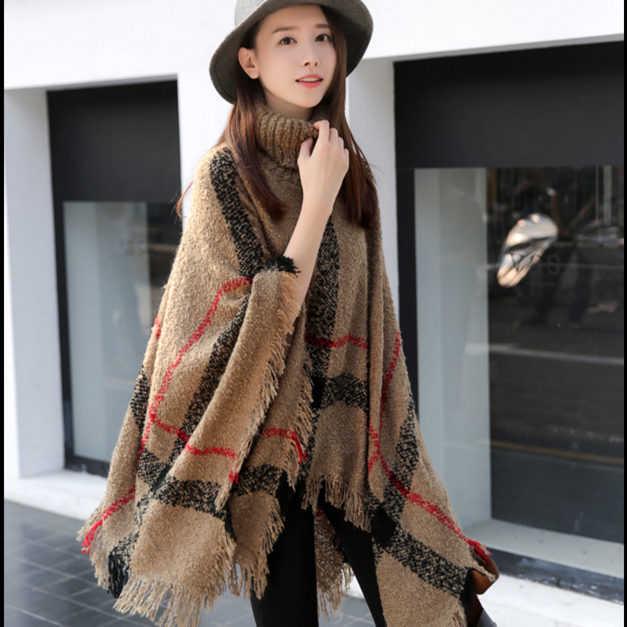 European and American High Neck Plaid Cape - Batwing Sleeve Knitted Pullover Shawl for Women
