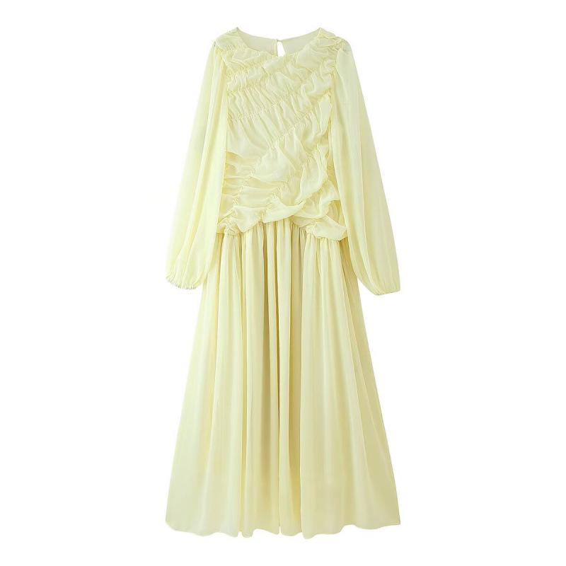European & American Women s Long-Sleeve Mesh Pleated Dress L
