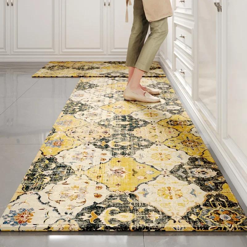 Bamboo Cotton Retro Kitchen Floor Mat Absorbs Water and Oil and Scrubbing Long Kitchen Rug Wear-resistant Non-slip Door Mat