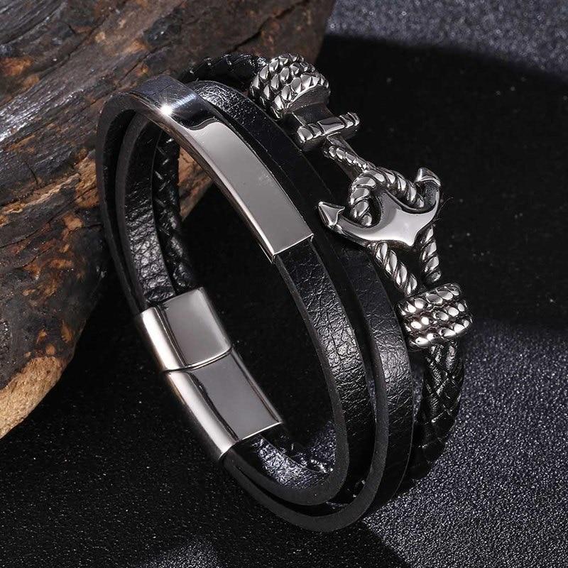 Bracciale in pelle multistrato nero con ancoraggio in acciaio inossidabile per uomo con chiusura magnetica con bottone vintage a treccia maschile gioielli BB1087