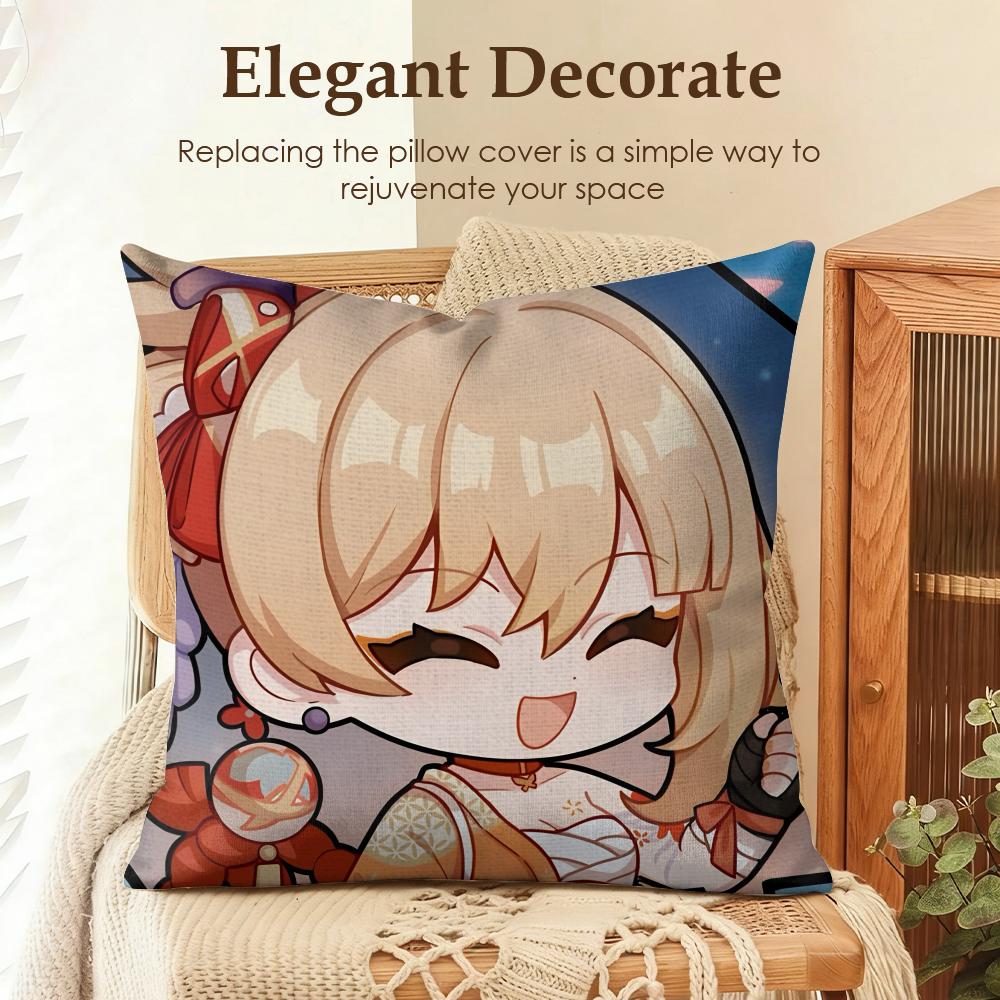 Yoimiya Cute Genshin Impact Cushion Cover Natural Linen Organic Fabric Double-Sided Printing Sofa Home Decor Gift Pillow Case