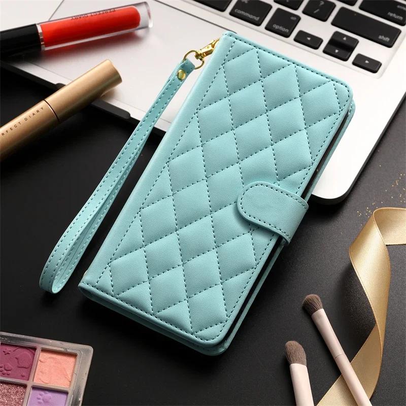 Checkered Leather Wallet Case For Samsung Galaxy S25 S24 S23 Ultra S22 S21 S20 FE S10 Note 20 10 PlusLanyard Flip Phone Cover