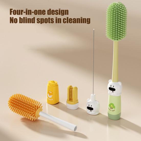 Set di spazzole per la pulizia con manico esteso antiscivolo a forma di orso, spazzola in silicone per bottiglie, pulitore per tettarelle e cannucce, strumento per l'alimentazione del bambino