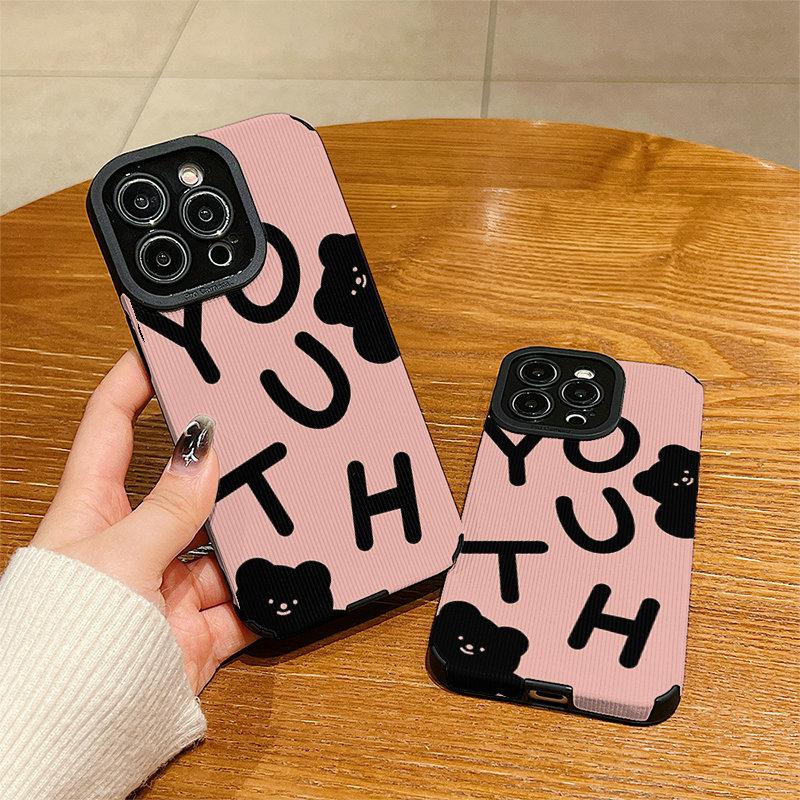 Vertical Leather Shell Youth Black Bear Printed Patterned Shockproof Soft Silicone Case with Camera Lens Full Protection for IPhone Samsung