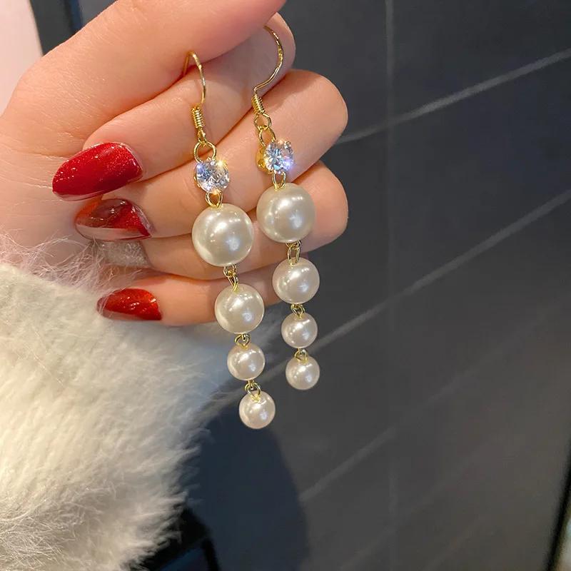 

White Round Imitation Pearl Long Tassel CZ Crystal Geometric Drop Earrings for Women Personality Party Cute Zircon Girl Gift