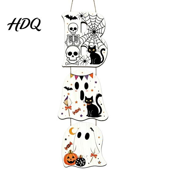 Layered Hanging Seasonal Ornament Halloween Wooden BOO Sign Creative Letter Pendants Vintage Ghost Pumpkin Black Cat