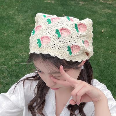 Sweet Cute Strawberry Cherry Handmade Crochet Hollow Triangle Headband Towel Women Spring Summer Travel Photo Hair Scarf