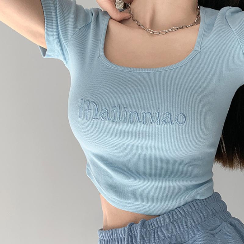 

GMXIA Женская модная повседневная футболка с коротким рукавом и квадратным воротником и топ XL синий