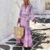 Dámské Vintage Geometrický potisk Dlouhé společenské šaty Dáma Elegantní Letní Plážové šaty s rukávem Boho Společenské šaty s výstřihem do V