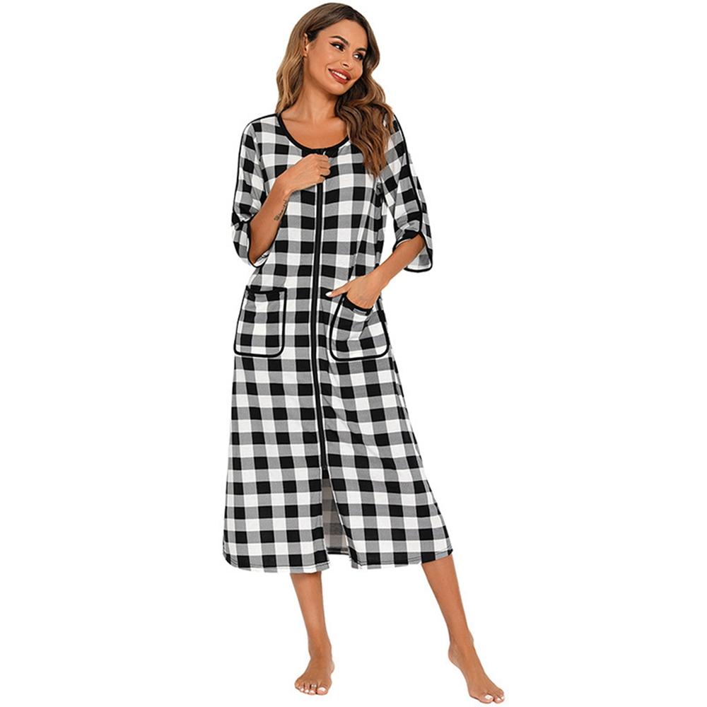 Autumn Winter Lady Zip Up Sleepdres Loose Nightgowns Spa Bathrobe Crewneck Soft Striped Sleepshirt Loungewear Sleepwear with Pockets