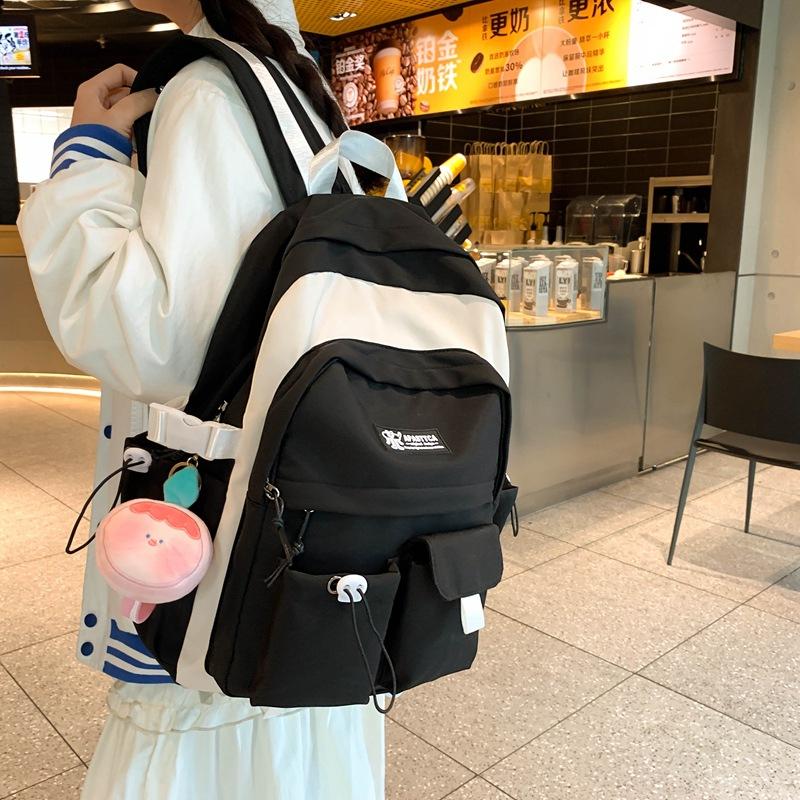 Small fresh color matching double pocket student schoolbag literary soft sister large capacity junior high school student backpack