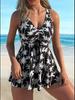 Women's V-Neck Two-Piece Skirted Swimsuit with Boyshorts - Printed, Figure-Flattering Vacation Swimwear