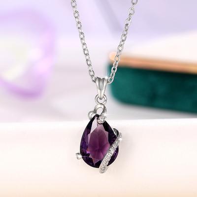 Huitan Luxurious Purple Color Pear Cubic Zircon Pendant Women Pendant Necklace Anniversary Event Party Event Graceful Lady'S Neck Accessories Chic