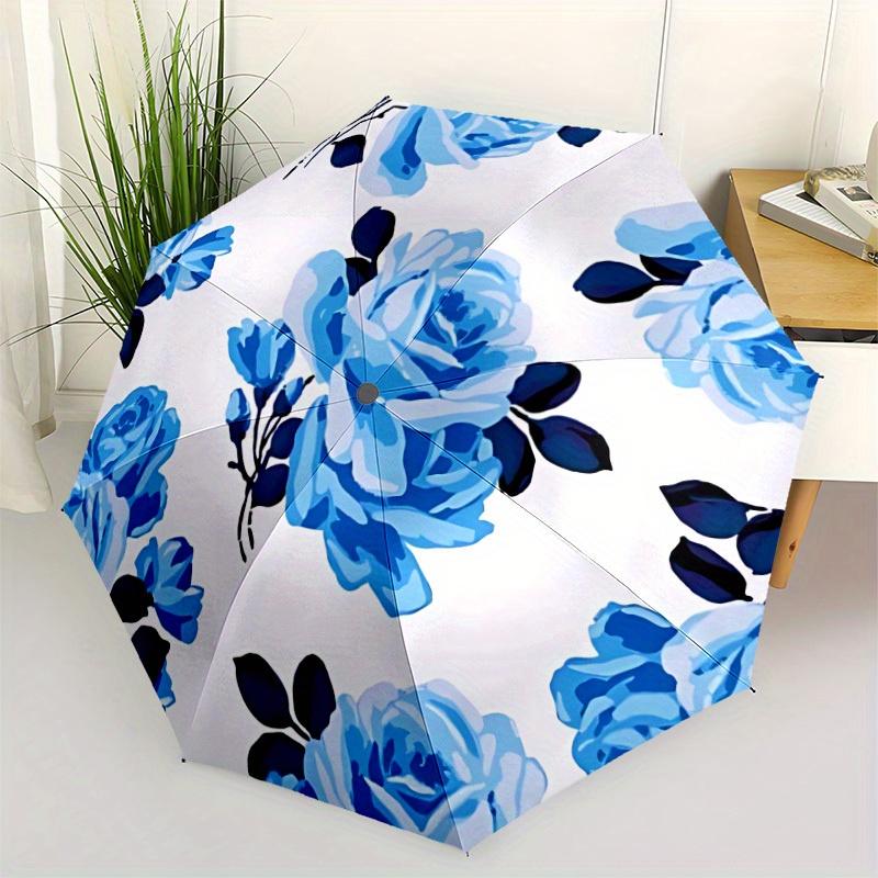 1pc Blue Rose Pattern Automatic Open/Close Umbrella, Portable Folding umbrella for Everyday Use y250826006