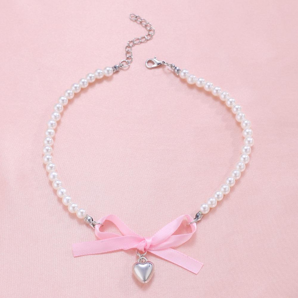 Cute Romantic Pink Bowknot Pearl Beaded Heart Crystal Cross Pendant Necklace for Women Charm Sexy Y2K Collar Jewelry Accessory