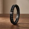 High Quality Stainless Steel Cross Men's Genuine Leather Bracelet Natural Black Stone Beaded Jewelry Anniversary Birthday Gift