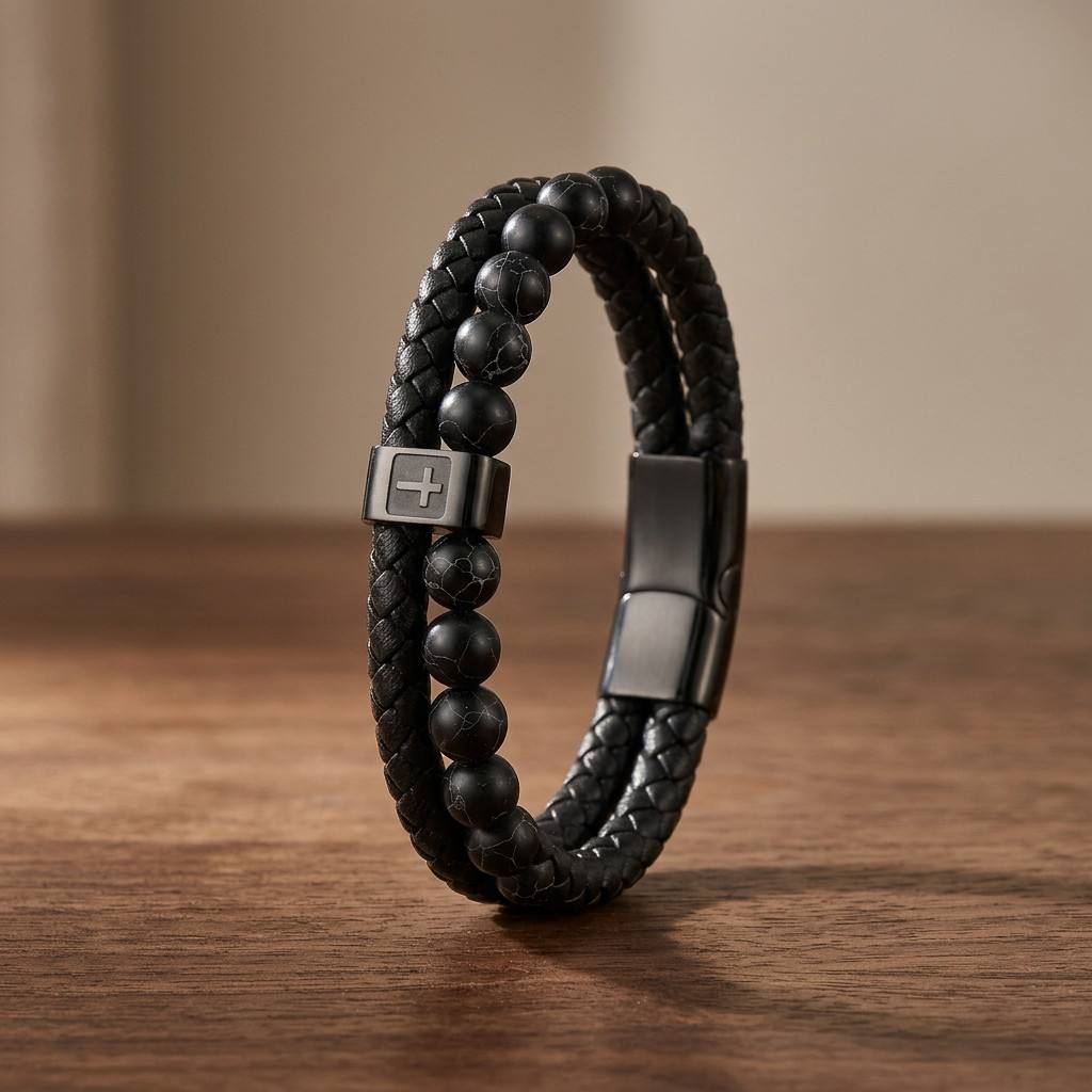 High Quality Stainless Steel Cross Men's Genuine Leather Bracelet Natural Black Stone Beaded Jewelry Anniversary Birthday Gift