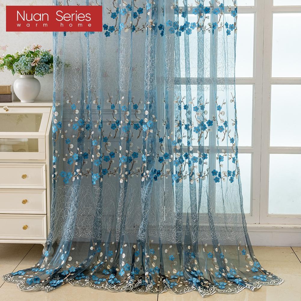 1PC Nuan Series European Retro Embroidered Sheer Curtain, Plum Blossom Pattern Transparent Curtain for Living Room Bedroom Balcony Window Home Decor