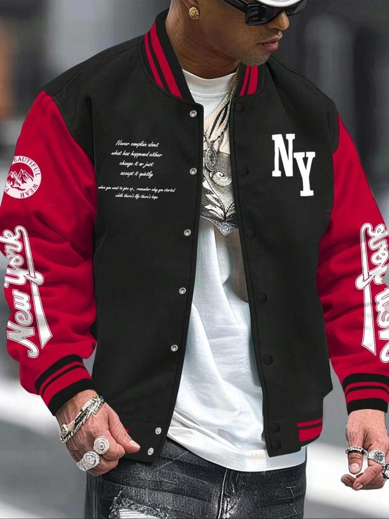 Men's Alphabet Print Baseball Collar Bomber Jacket Loose Casual Sports Long-sleeved Varsity Jacket Suitable for Autumn and Winter