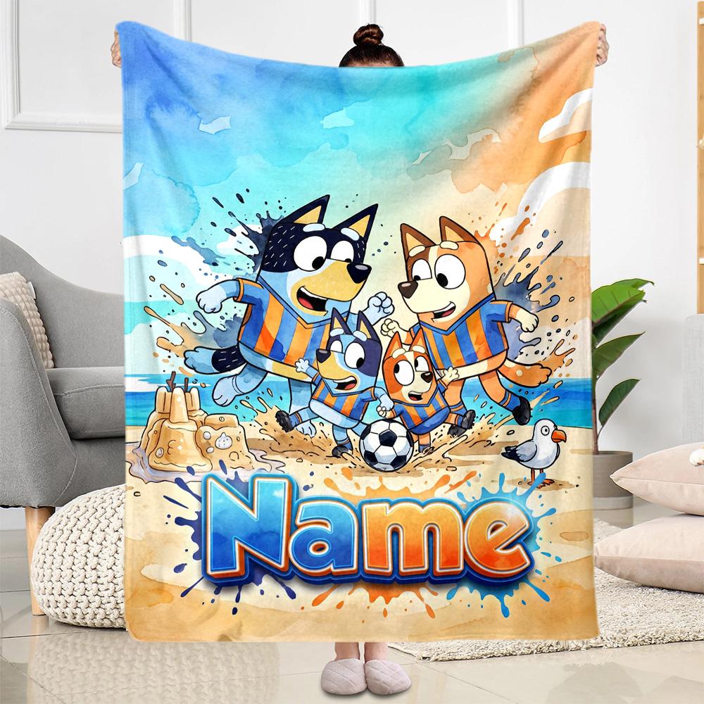 Bluey's Soccer Fun Customize Text Blanket Multi-purpose Personalized Blanket Soft & Cozy Perfect for Livingroom Chair Office Seaside for All Occasions