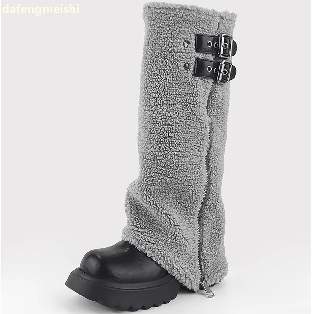2025 New Winter Snow Boots Gray Fur Zipper Sleeve Shark Boots Platform Heightening Women Mixed Color Knee-High Boots