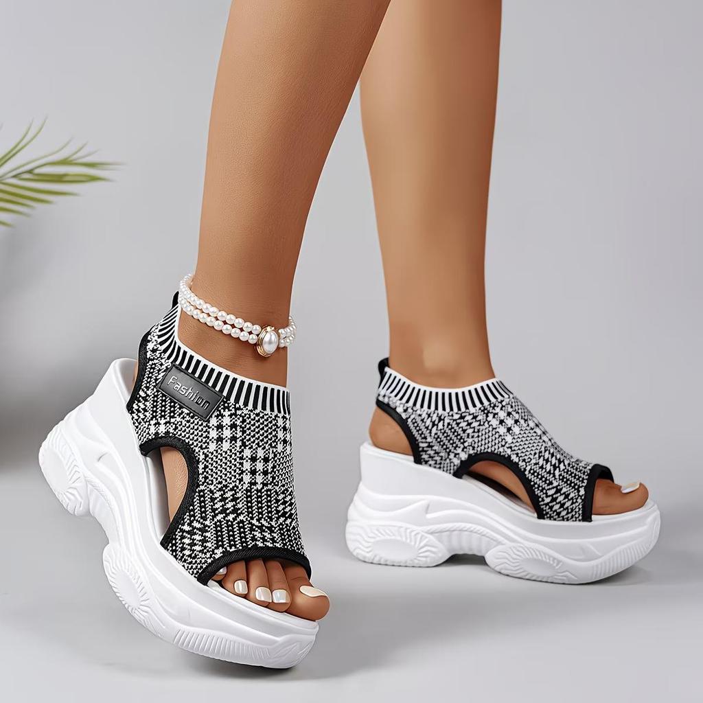 Women's Casual Solid Color Wedge Sandals - Comfortable Mesh Breathable Knitted Upper, Platform Wedge with Open-toe Design, Sport-casual Sandals