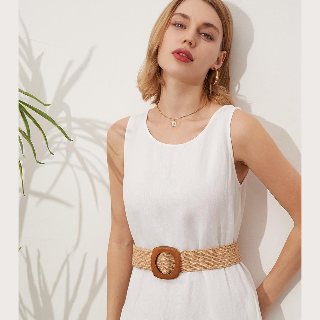 New Spring and Summer Elastic Pp Grass Square Wood Buckle Ethnic Style Ladies Versatile Belt Boho Style Webbing