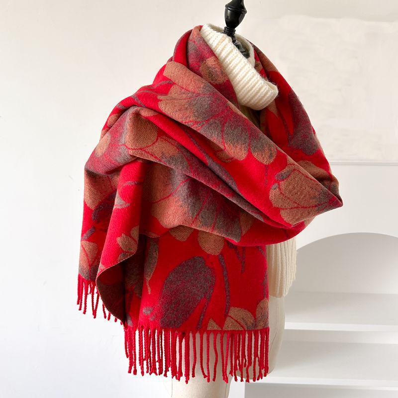 Elegant Women's Double-Sided Cashmere-Feel Scarf Shawl for Autumn & Winter - Thick, Warm, Dual-Use Neck Protection.