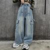 Spring Autumn Girls' Cargo Jeans for Girls Loose Casual Elastic Waist Teenage Children Wide Leg Pants Design Streetwear Kids Trousers