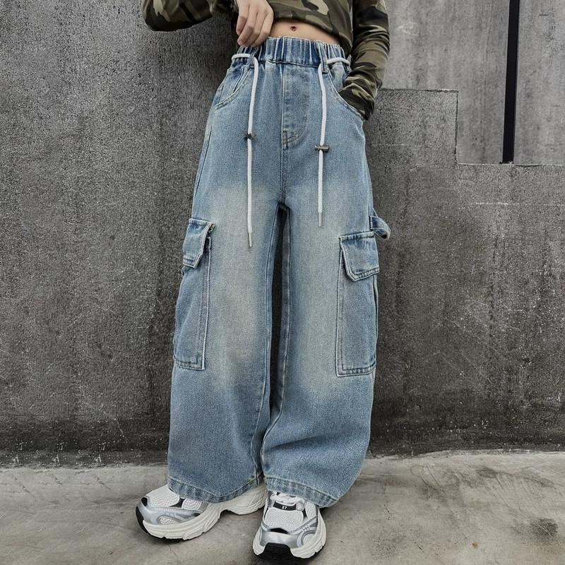 Spring Autumn Girls' Cargo Jeans for Girls Loose Casual Elastic Waist Teenage Children Wide Leg Pants Design Streetwear Kids Trousers