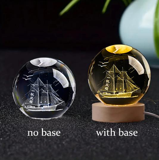 6/8cm 3D Crystal Ball Glass Planet LED Warm Night Light Laser Engraved Solar System Globe Universe Birthday Gift Wooden Base