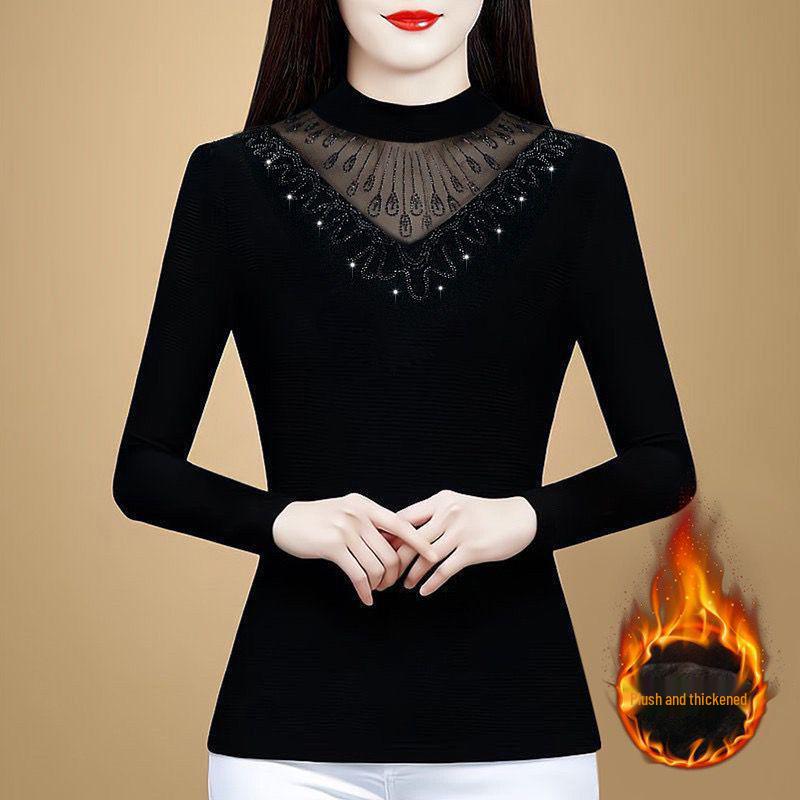 Chic Black Mesh Long-Sleeve Fleece-Lined Slim Shirt for Women