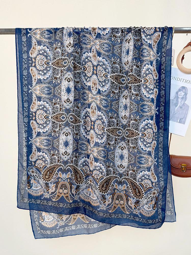 Elegantes Damen Boho Seidenschal Langes Wickeltuch Vintage Blumendruck Sonnenschutz Bandanas Hijab Mujer Schal Pareo Strand Lässig Neu