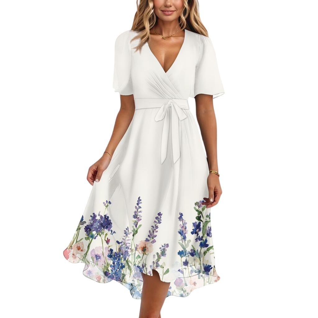 Damenmode Lässig V-Ausschnitt Kurzarm Rüschen Vintage Bedruckte Kleider