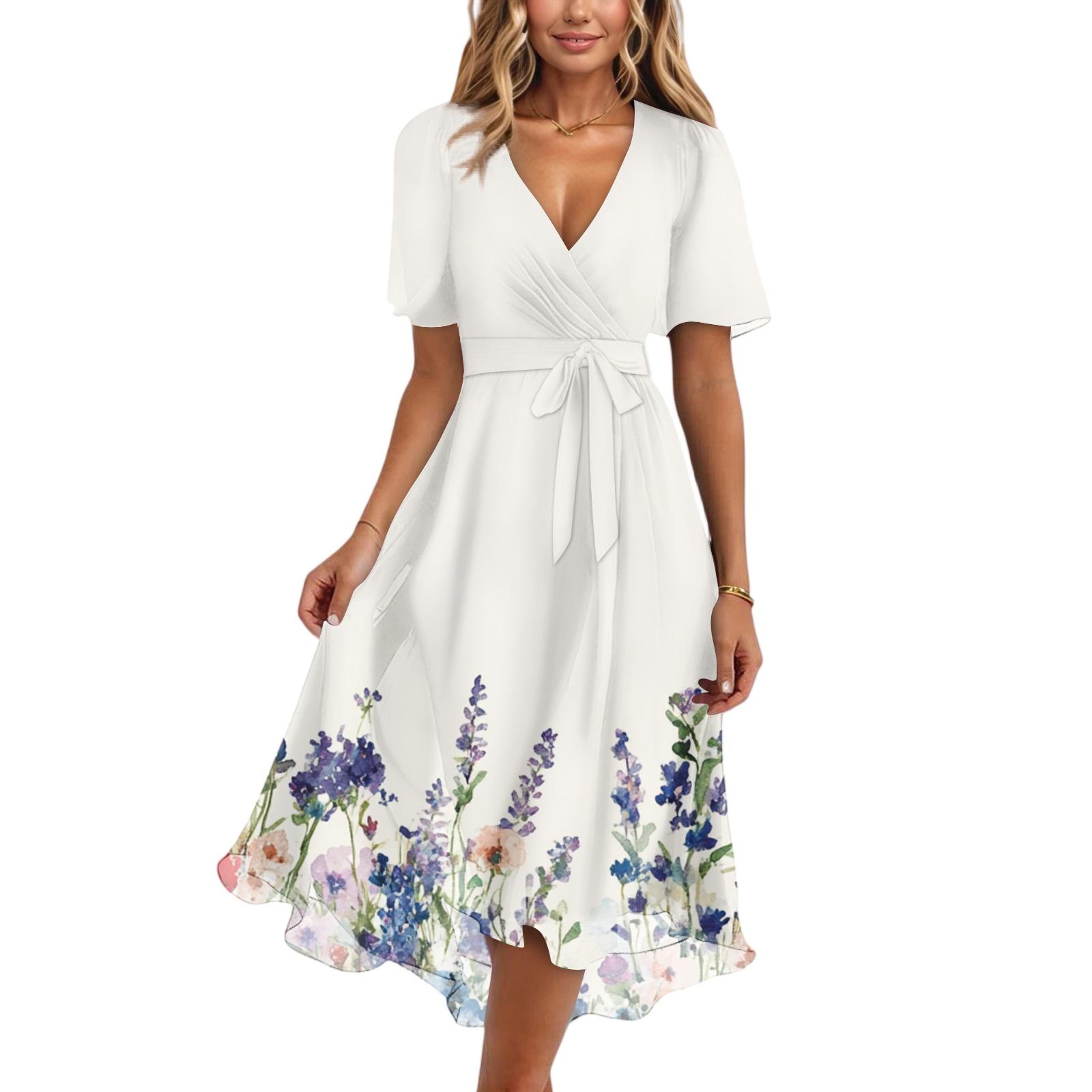 

Женские модные повседневные платья с V-образным вырезом, короткими рукавами и оборками, винтажным принтом L бежевый