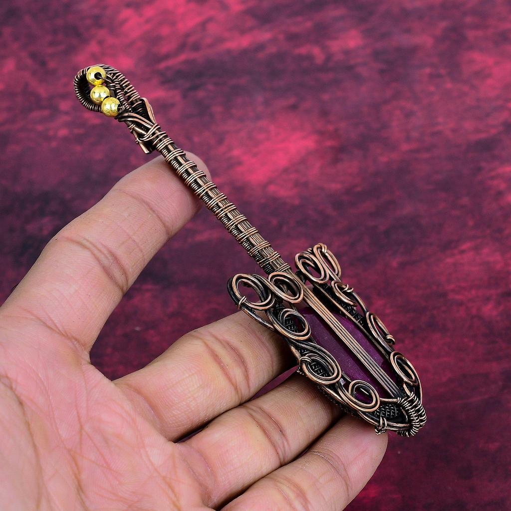 Faceted Kashmir Ruby Gemstone Pendant Copper Wire Wrapped Guitar Design Pendant