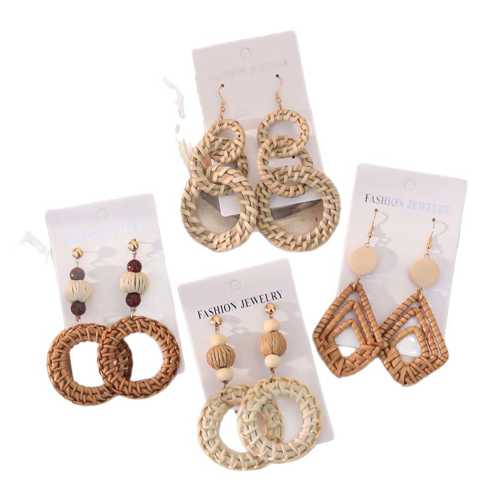 Bohemian Raffia Earrings: Handmade Rattan Drops, Exaggerated Travel Holiday Style for Women