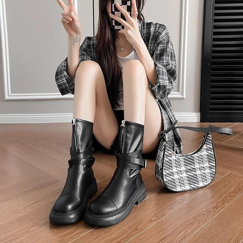 Maillard Women's Boots  Autumn Winter New Thick Soled Round Toe Mid Top Boots Retro Long Motorcycle Short Boots Botas Mujer