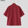 INCERUN Vintage Men Summer Stand Neck Short Sleeve Side Buttons Casual Traditional Style Shirts