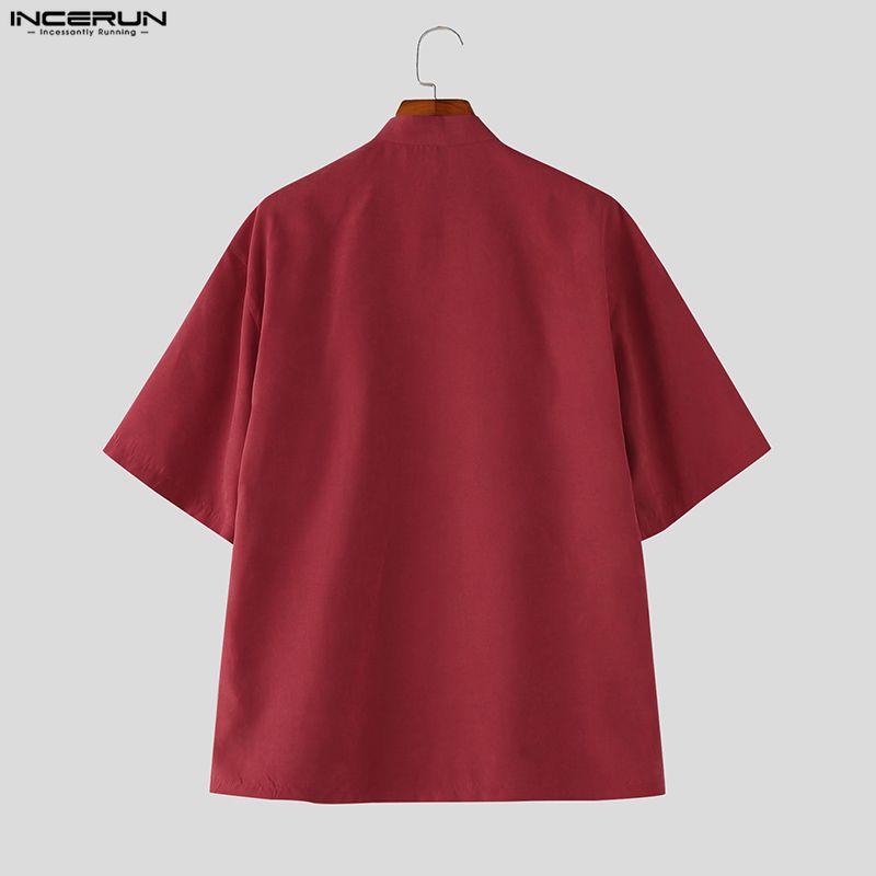 INCERUN Vintage Men Summer Stand Neck Short Sleeve Side Buttons Casual Traditional Style Shirts