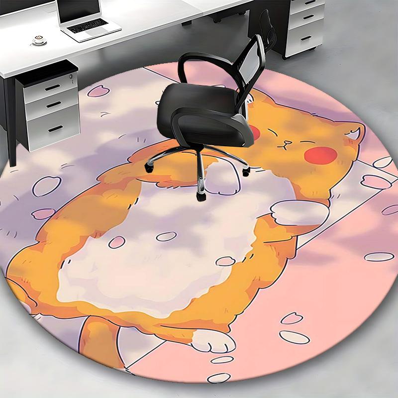1pc Anime Cat Round Carpet Office Chair Mat, Non Slip Rug for Home Decor, Gift, Office, Living Room, Bedroom